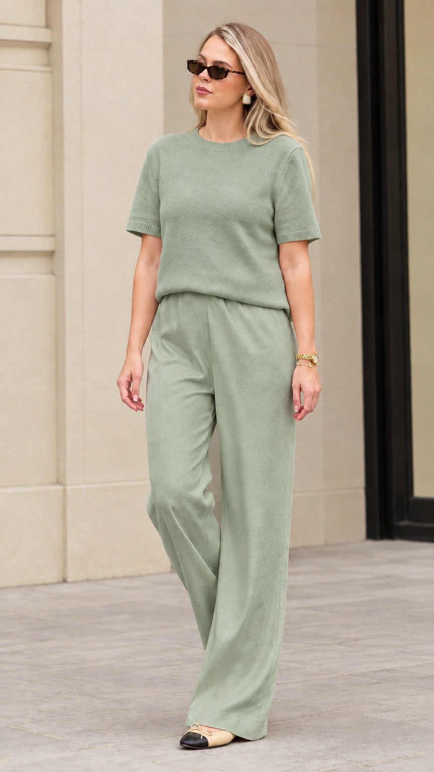 Women's sage green textured knit short sleeve top and wide leg matching lounge set