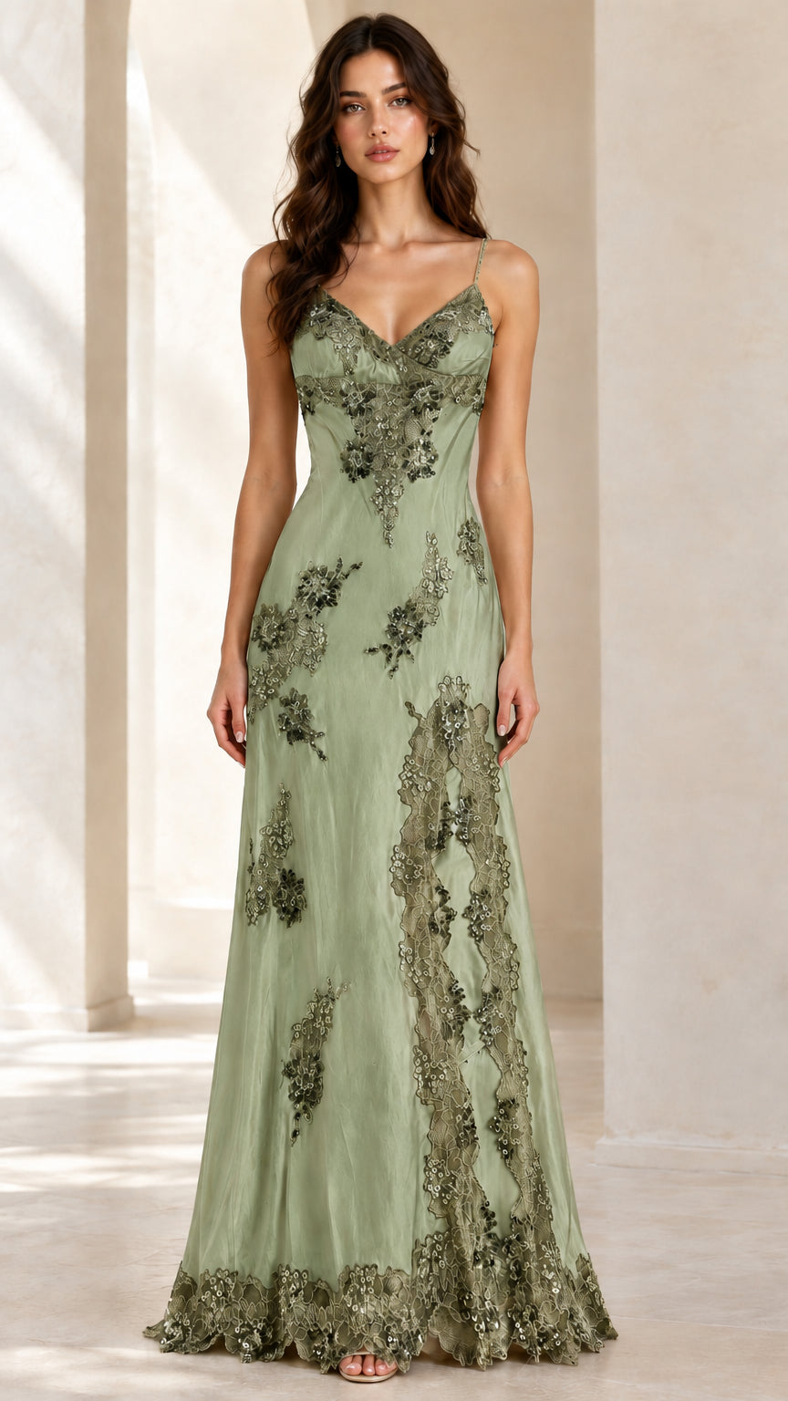 Sage green satin maxi evening dress with delicate sequined floral lace