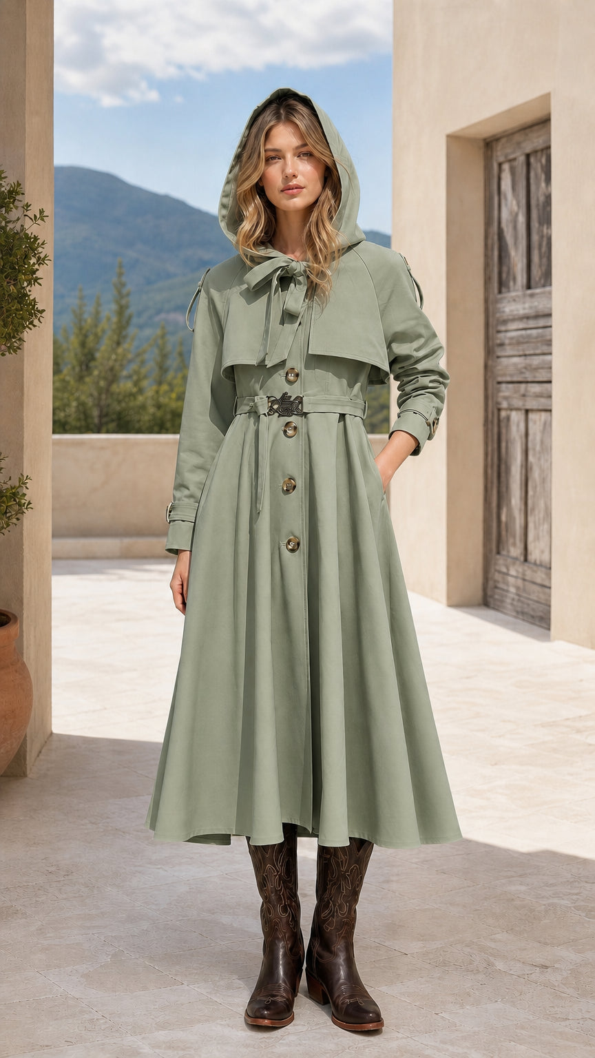 Front view of sage green hooded A-line belted trench coat
