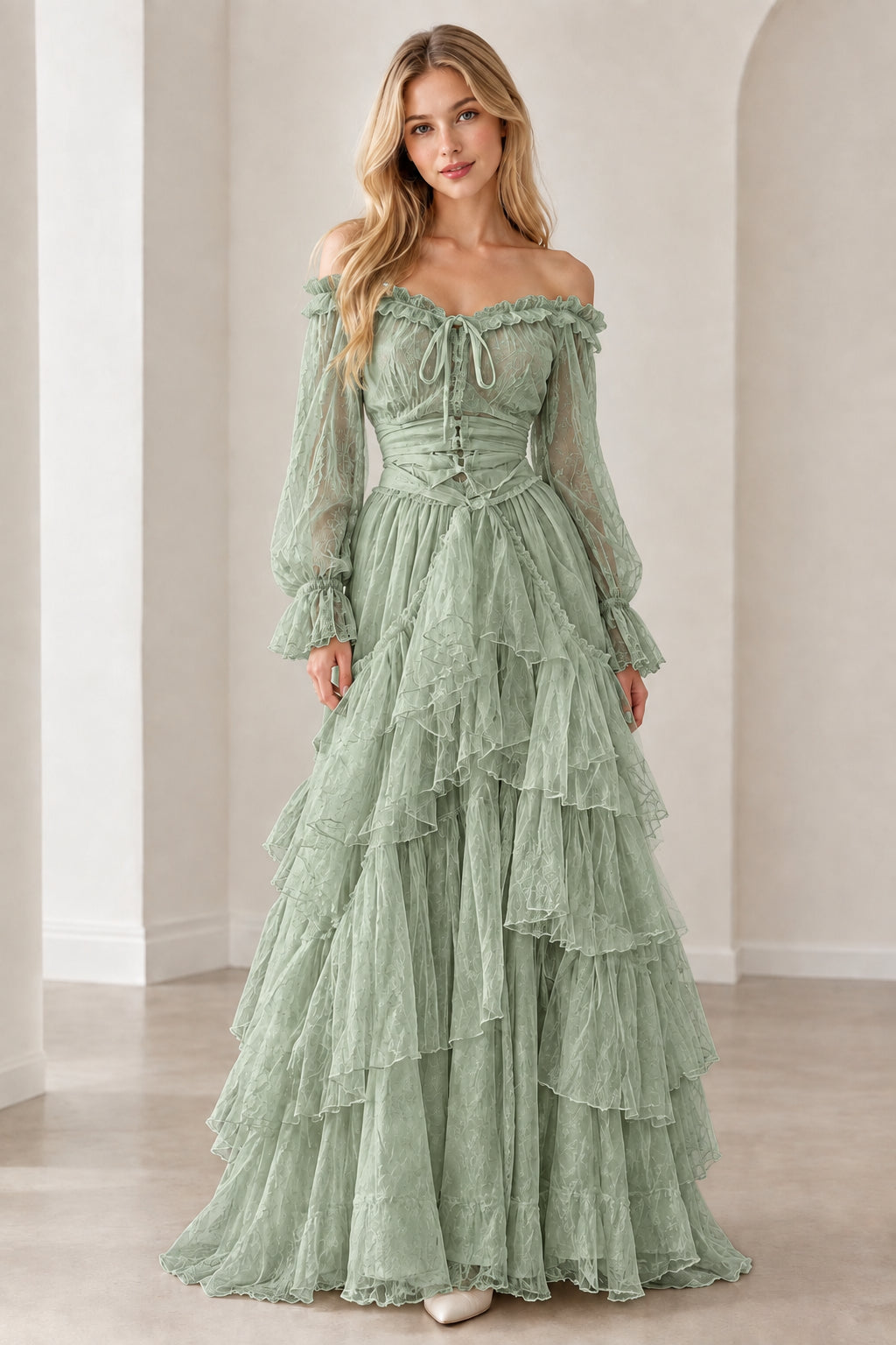 Sage green tiered ruffle off-shoulder maxi dress