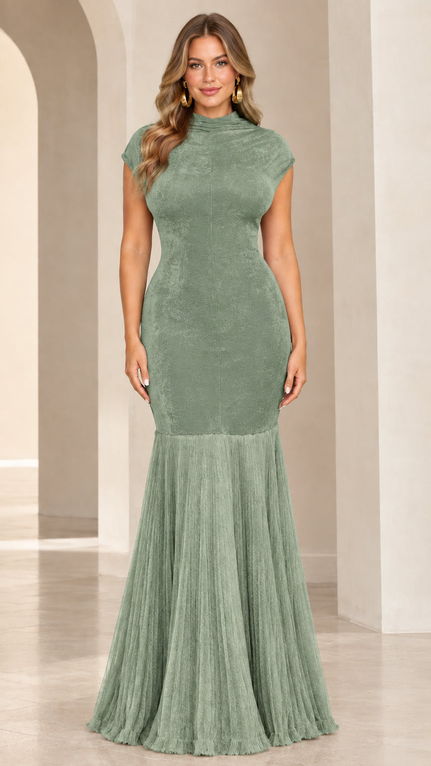 Front view of woman wearing sage green textured jacquard and pleated tulle mermaid maxi dress