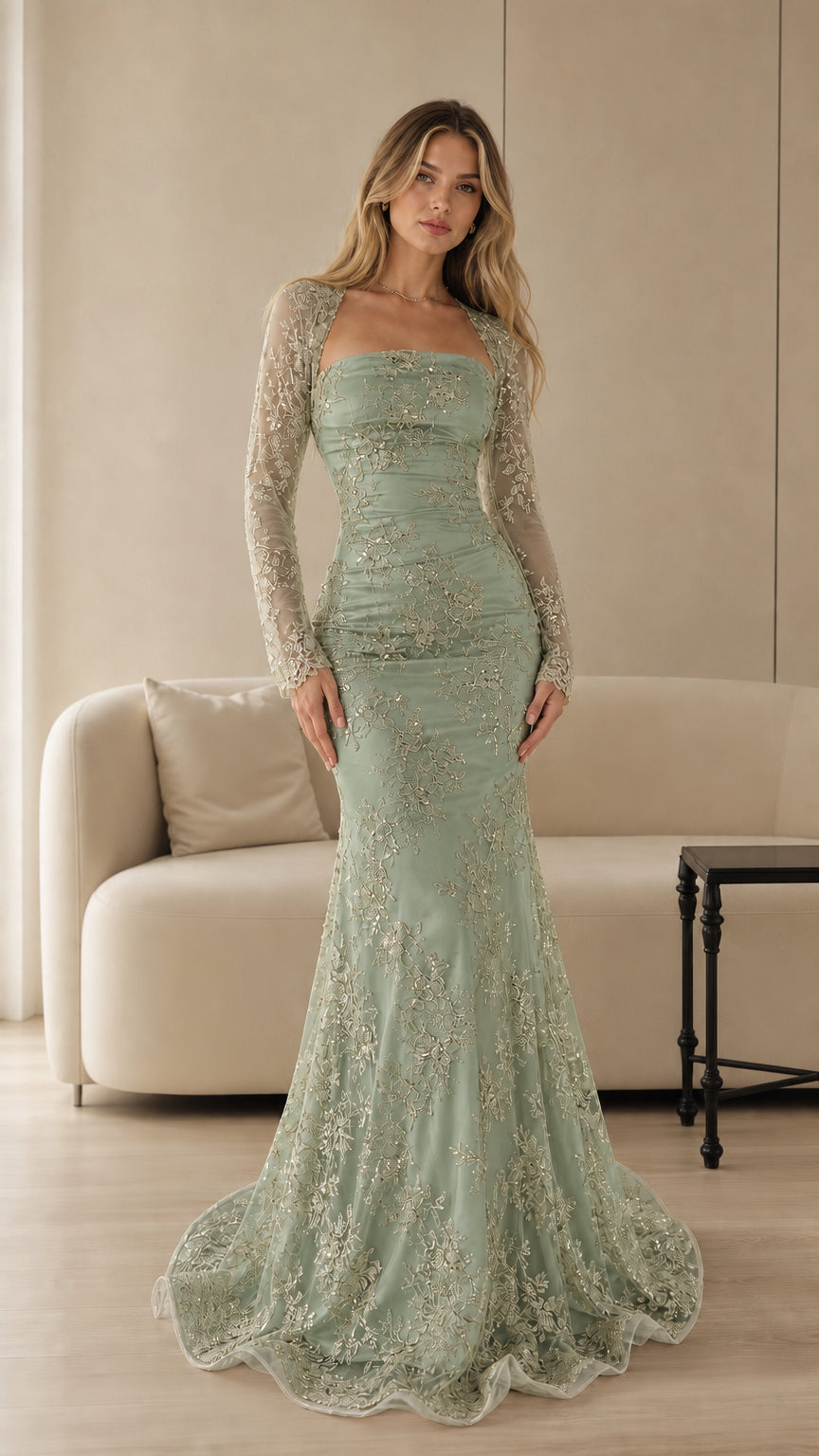 Sage green lace mermaid formal evening gown with long sleeves