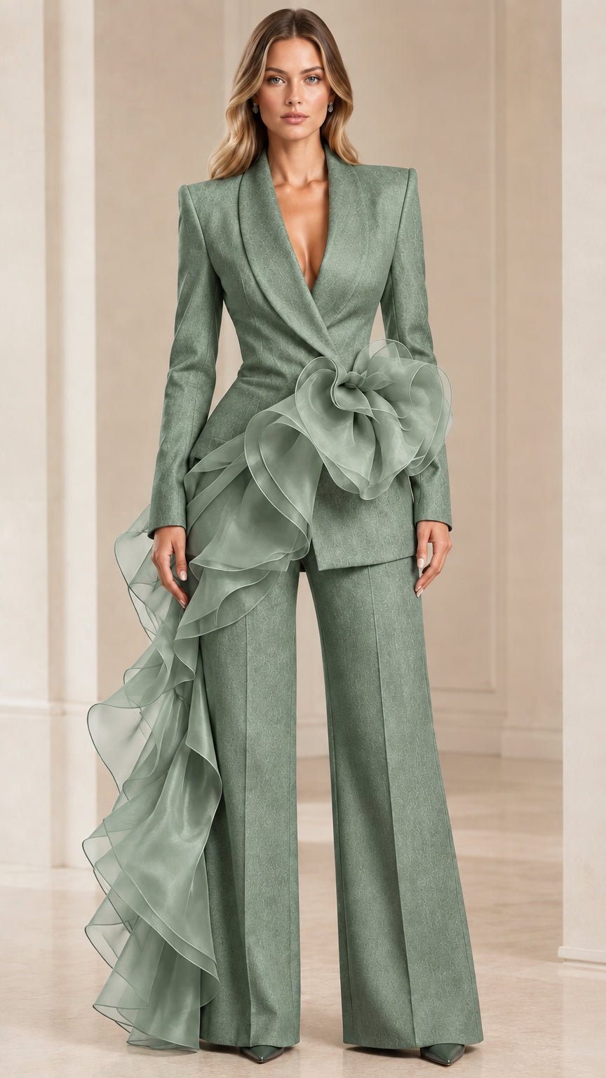 Front view of model wearing sage green tailored blazer with organza ruffle and wide trousers
