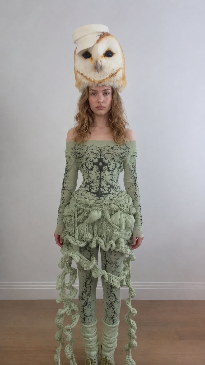 Front view of the Sage Green avant-garde baroque print bodysuit set with waist overlay