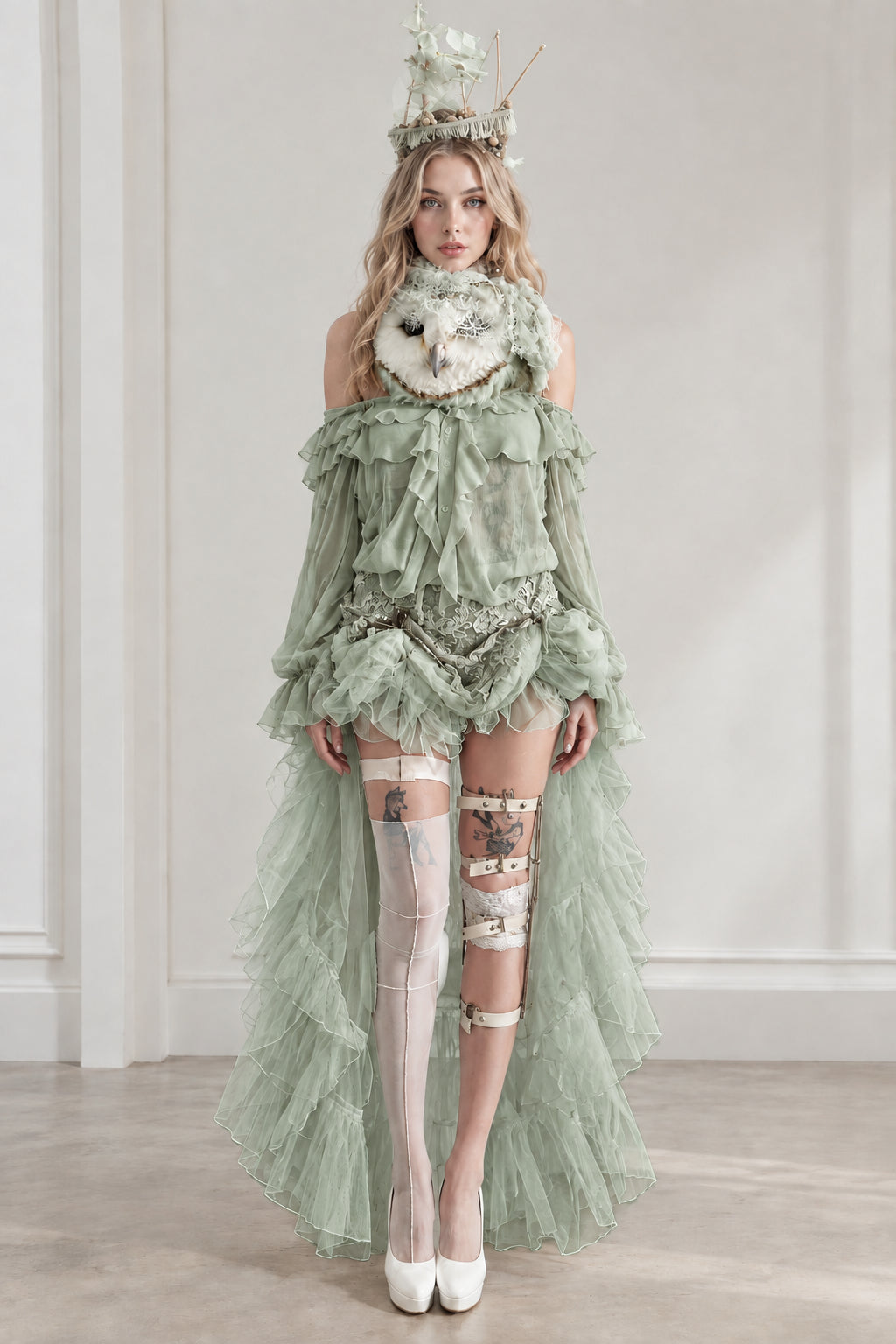 Model wearing sage green fantasy high-low ruffle costume set