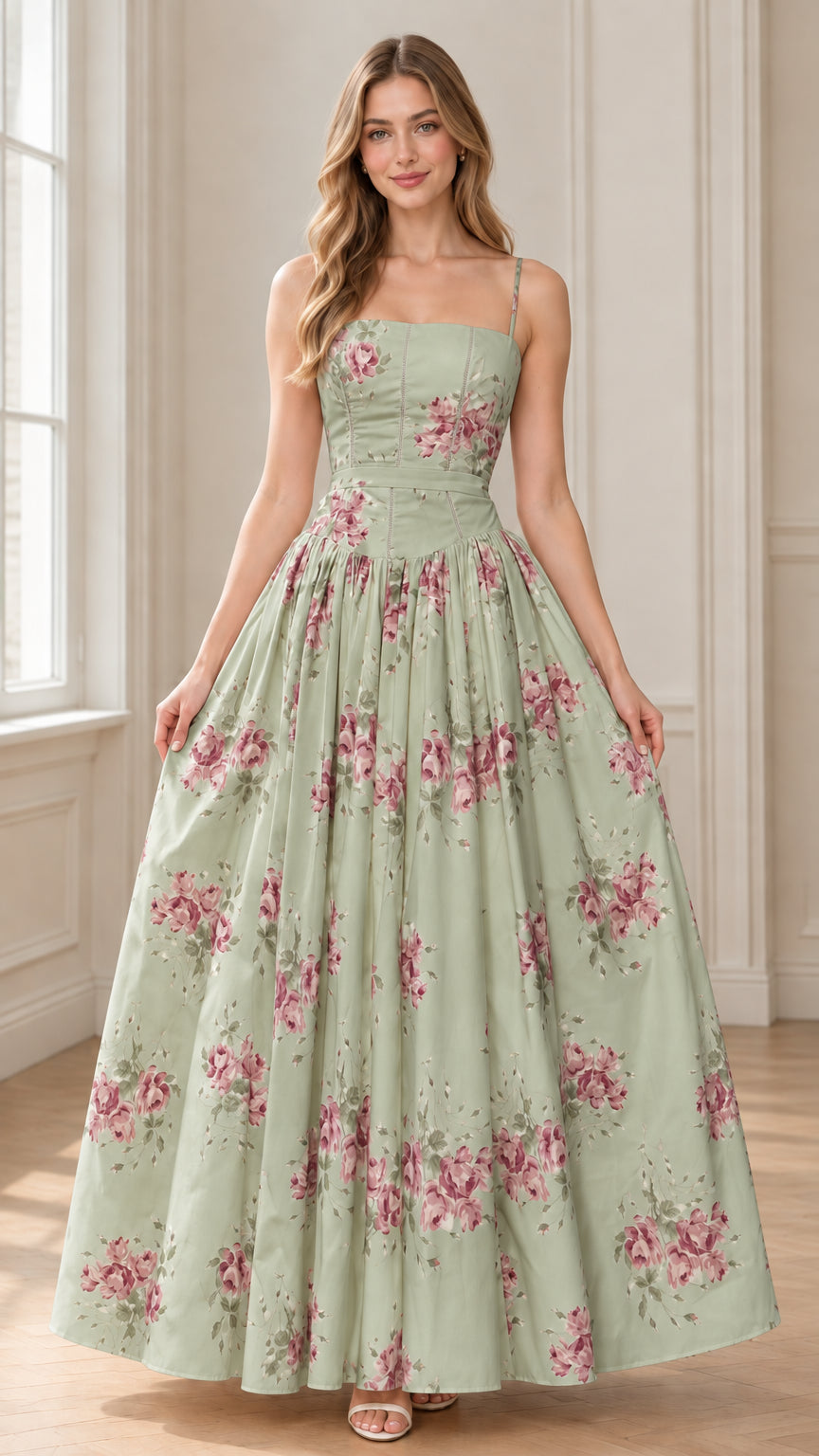 Full-length front view of model wearing sage green floral corset maxi dress