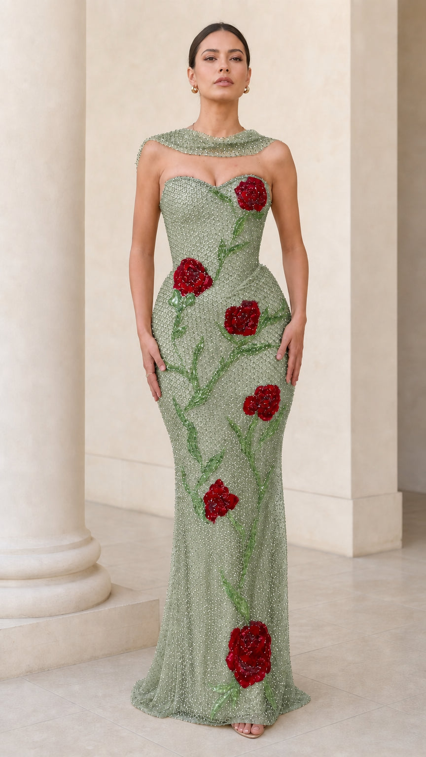 Front view of model wearing Sage Green sequin evening dress with red floral accents