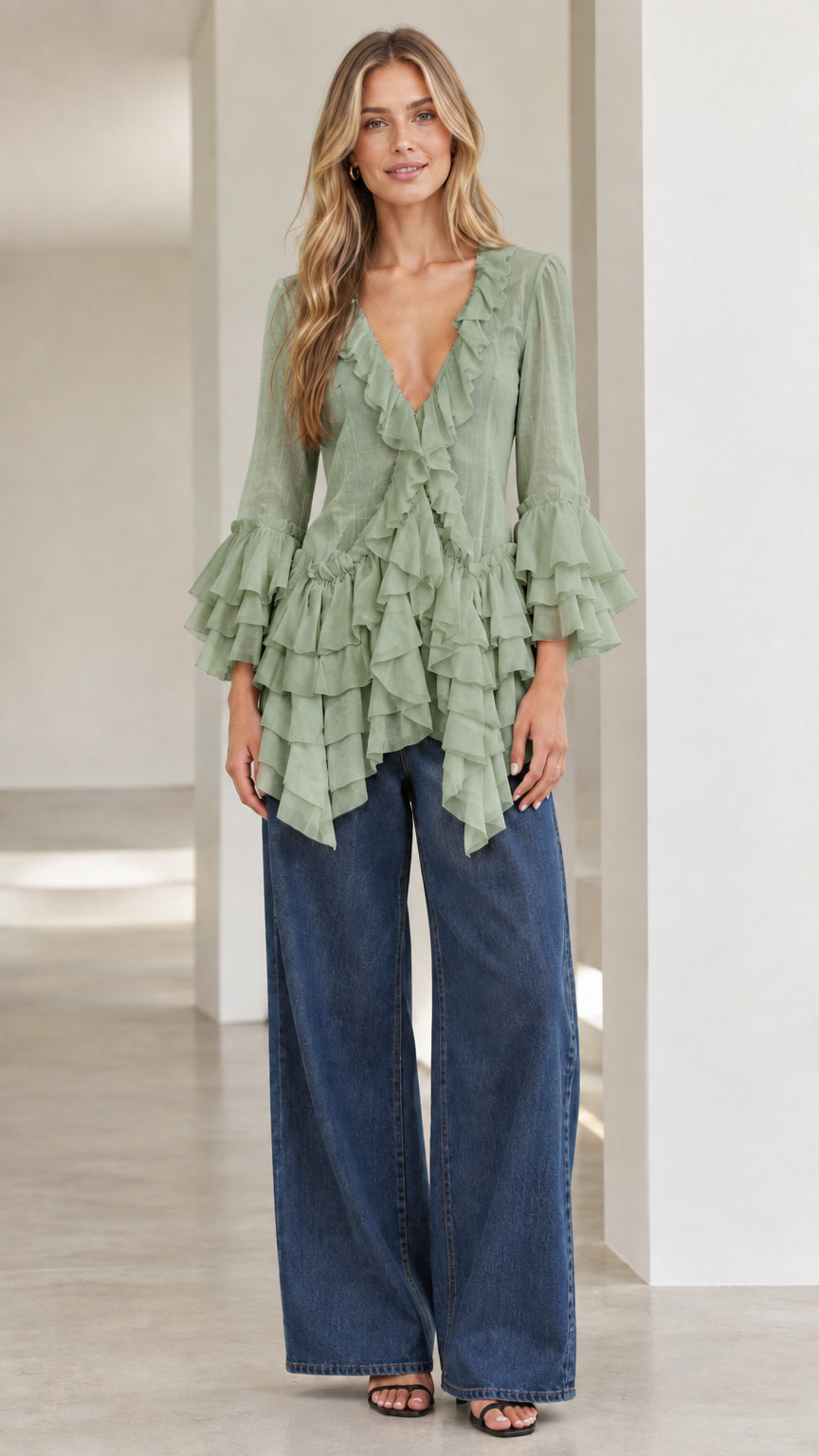 Model wearing sage green tiered ruffle top with denim trousers