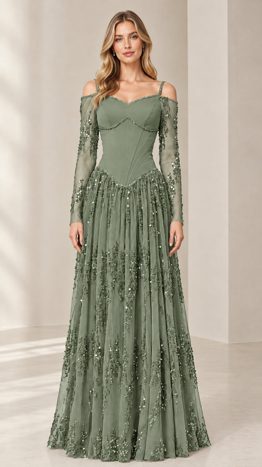 Sage green cold-shoulder sequin corset evening gown on model