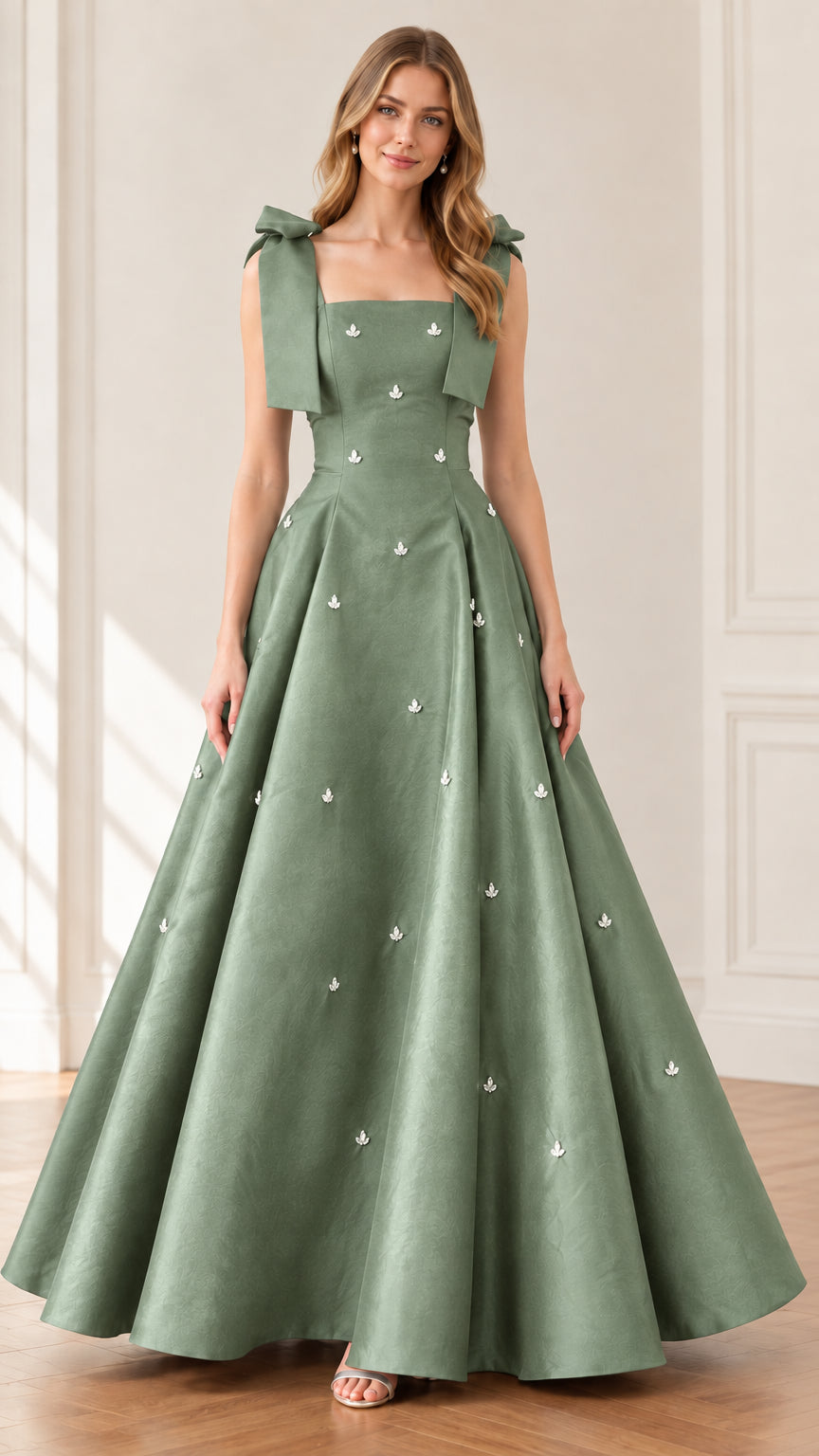 Front full view of woman modeling sage green bow strap crystal accented formal evening gown