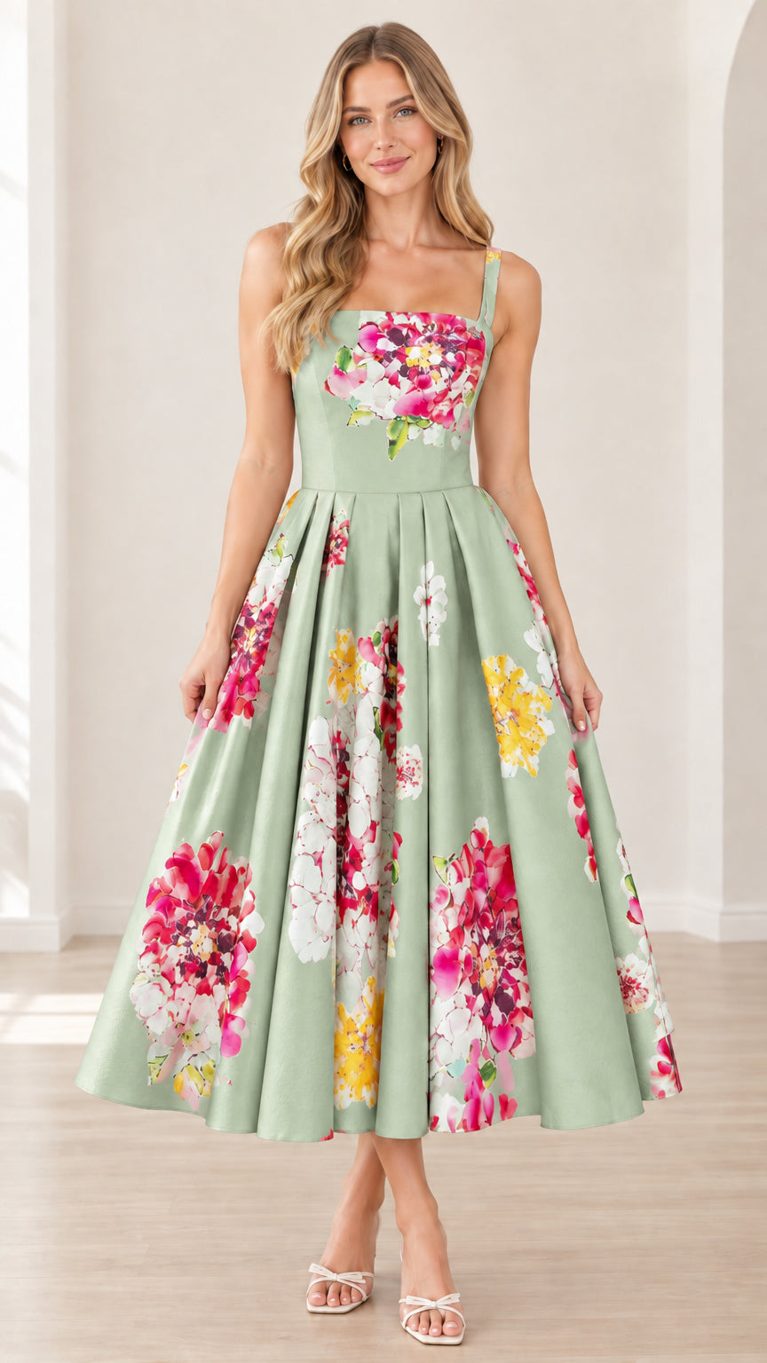 Model wearing sage green floral square neck pleated midi dress
