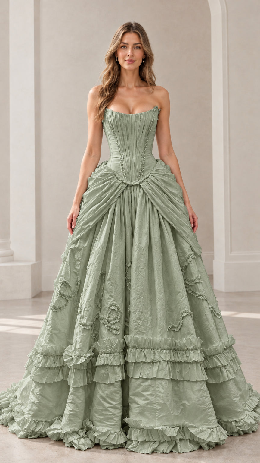 Model wearing sage green strapless corset ball gown with tiered ruffle skirt