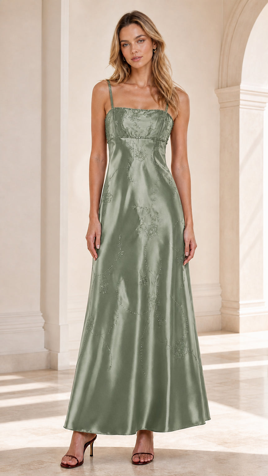 Front view of woman wearing Sage Green embroidered satin maxi evening dress