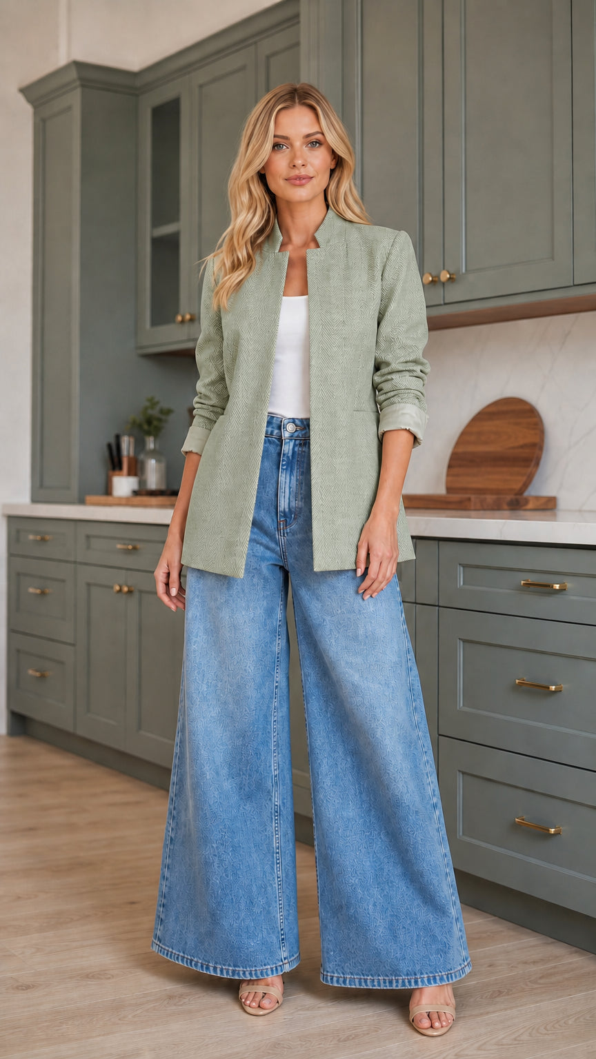 Women's sage green stand collar textured open front blazer