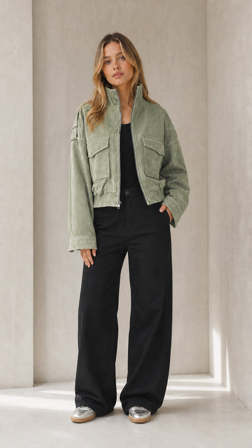 Women's sage green cropped cargo jacket styled with wide-leg trousers
