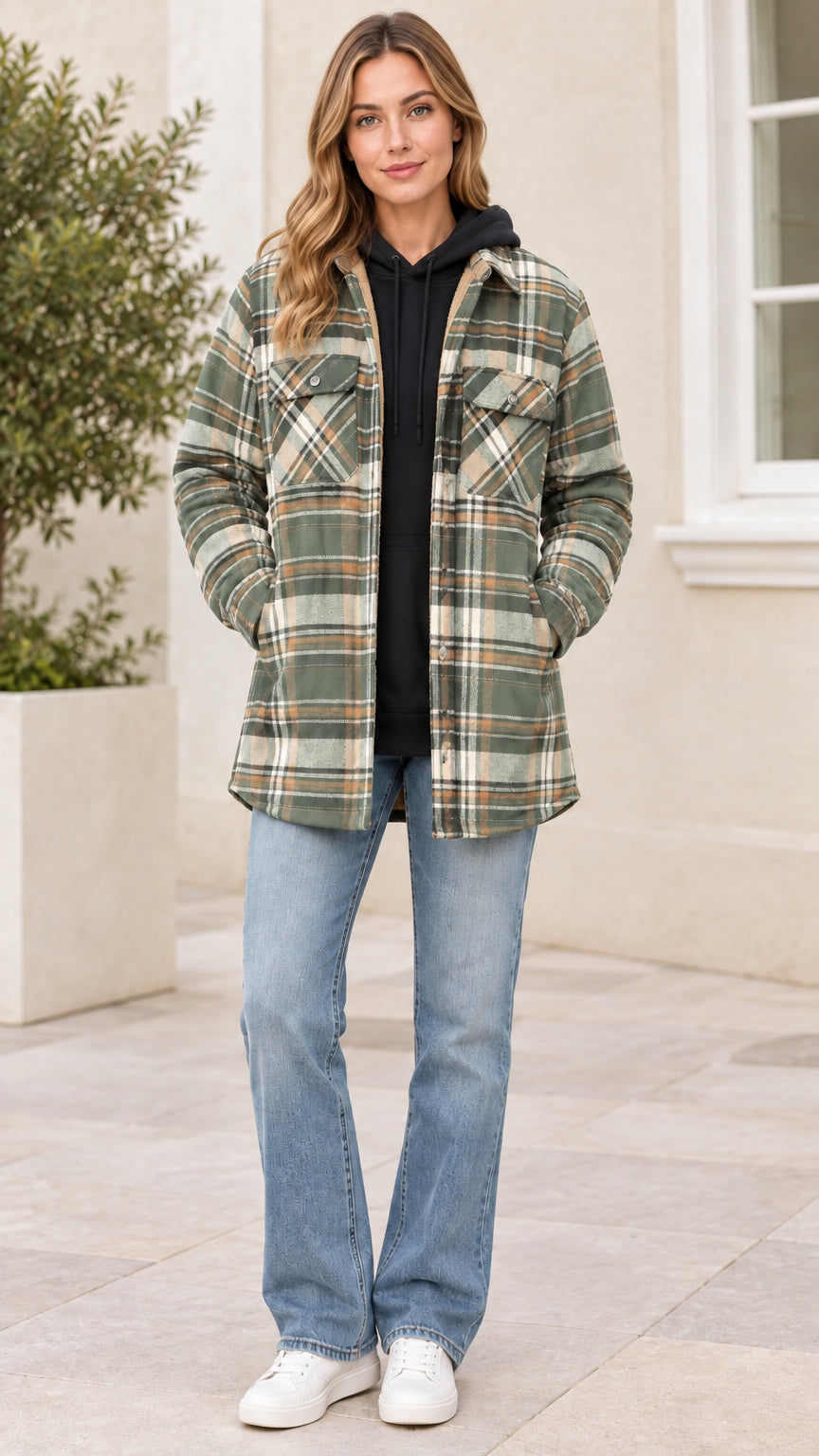Front view of model wearing Sage Green plaid fleece-lined hooded shacket