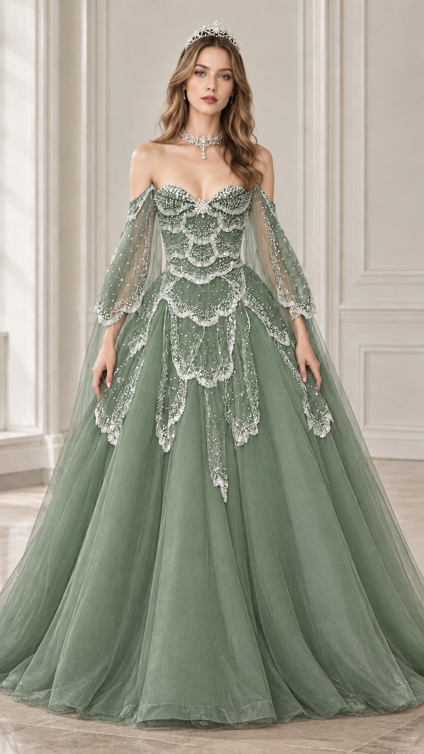 Front view of sage green off-the-shoulder beaded tulle ball gown