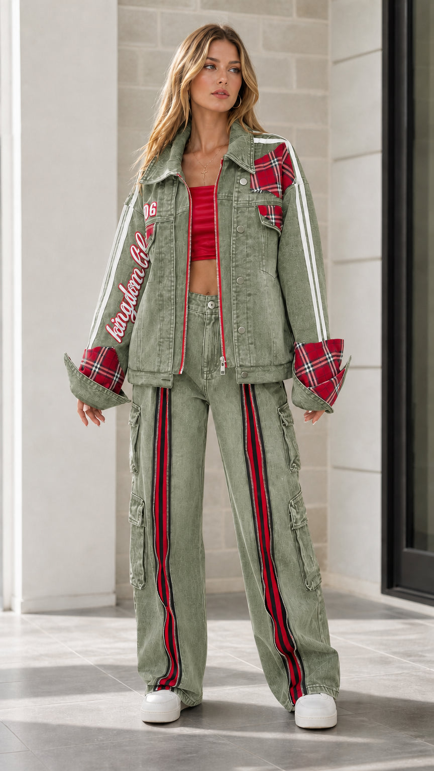 Model wearing Sage Green plaid patchwork denim jacket and matching cargo jeans