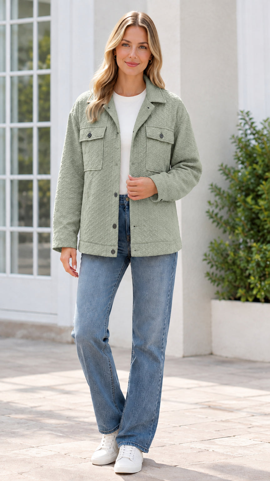 Model wearing sage green textured button-front shirt jacket