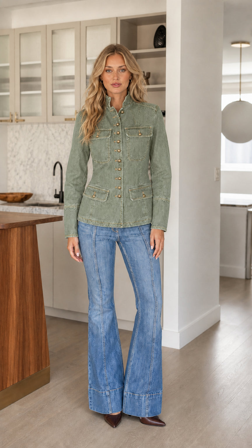 Model wearing sage green button-front military denim jacket