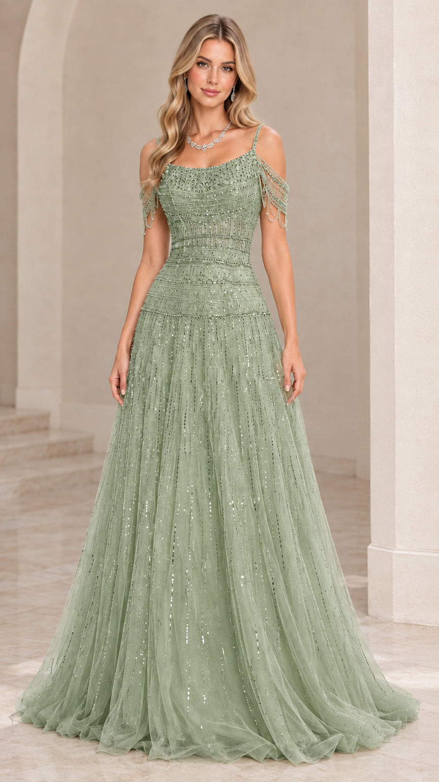 Front view of sage green cold-shoulder beaded formal evening gown