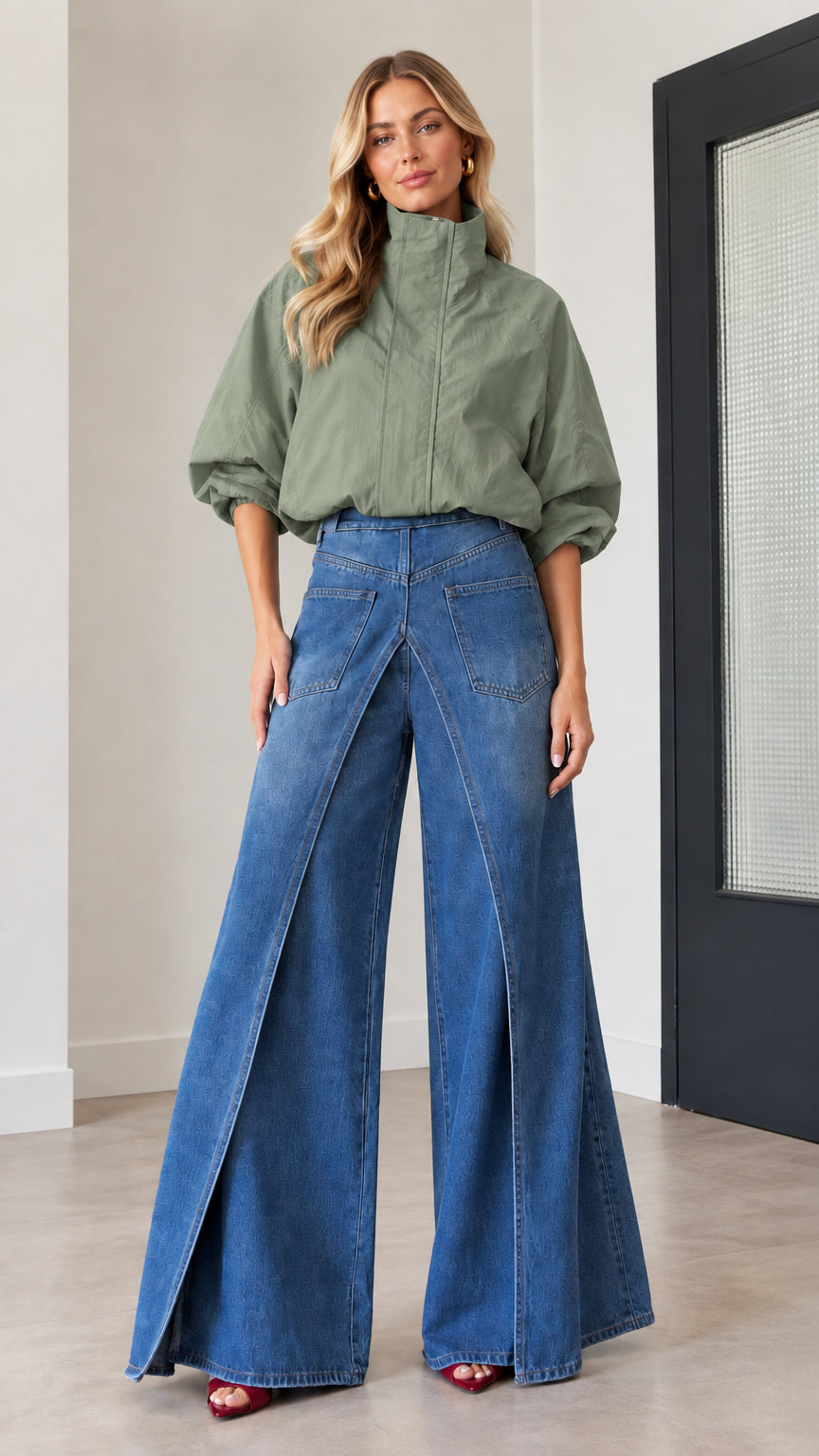 Woman wearing sage green high-neck windbreaker jacket with blue wide-leg overlap jeans