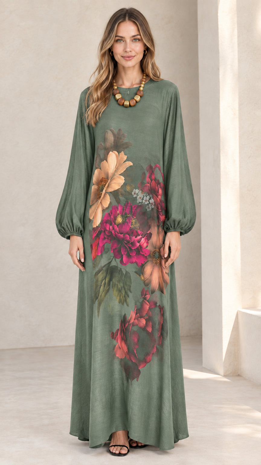 Sage green botanical print long sleeve maxi dress front view