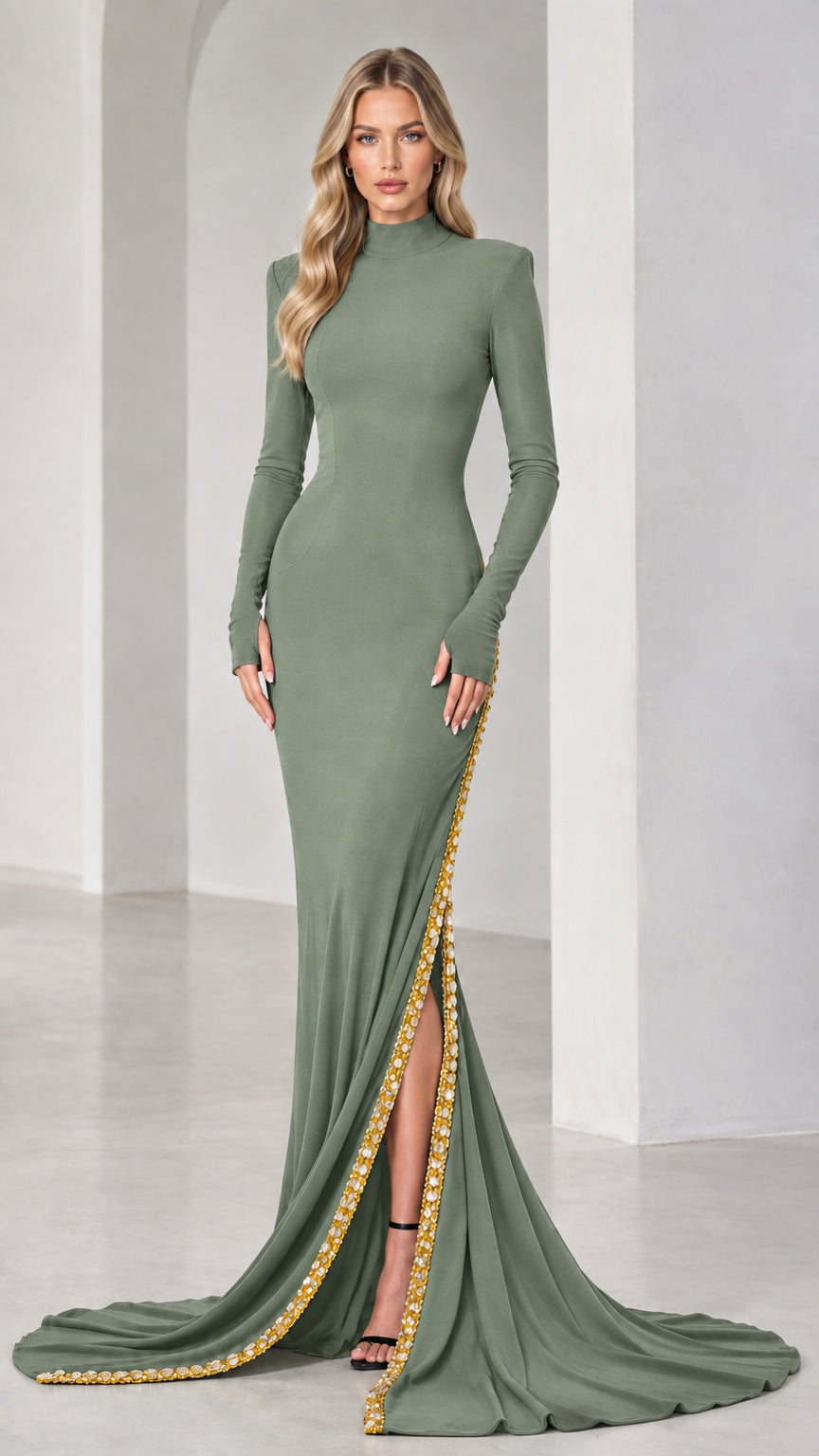 Model wearing sage green high neck long sleeve evening gown with beaded slit