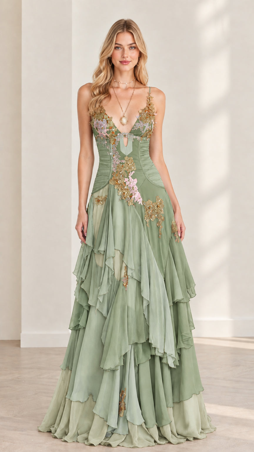 Model wearing sage green embroidered ruffled chiffon evening dress