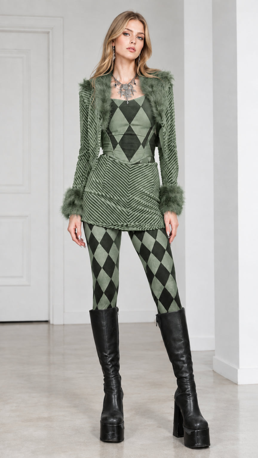 Model styled in sage green faux fur trimmed jacket and matching diamond leggings set