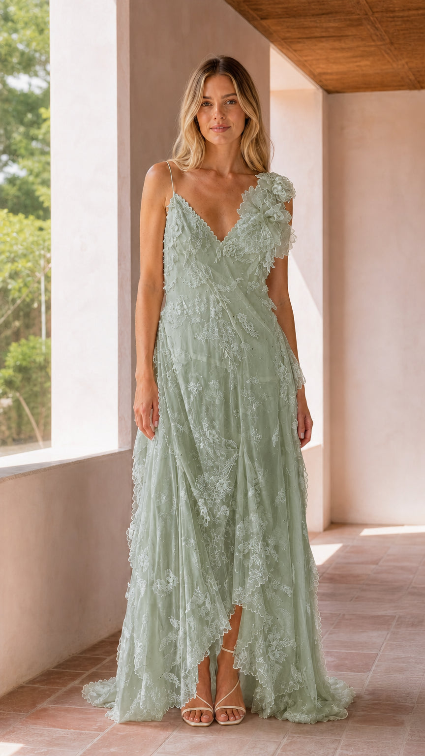Front full-length view of sage green floral lace tiered evening maxi dress