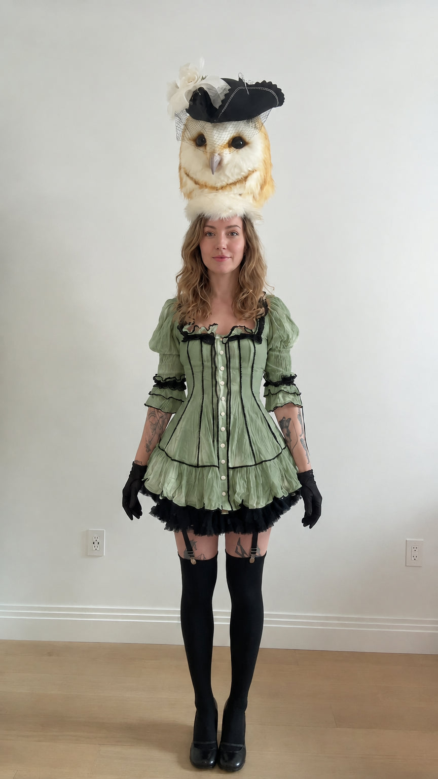 Sage green gothic lolita mini dress with black contrast trim