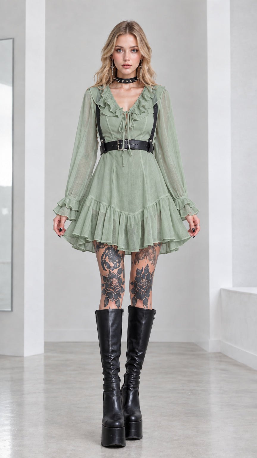 Full front view of sage green ruffled long sleeve mini dress with black harness belt