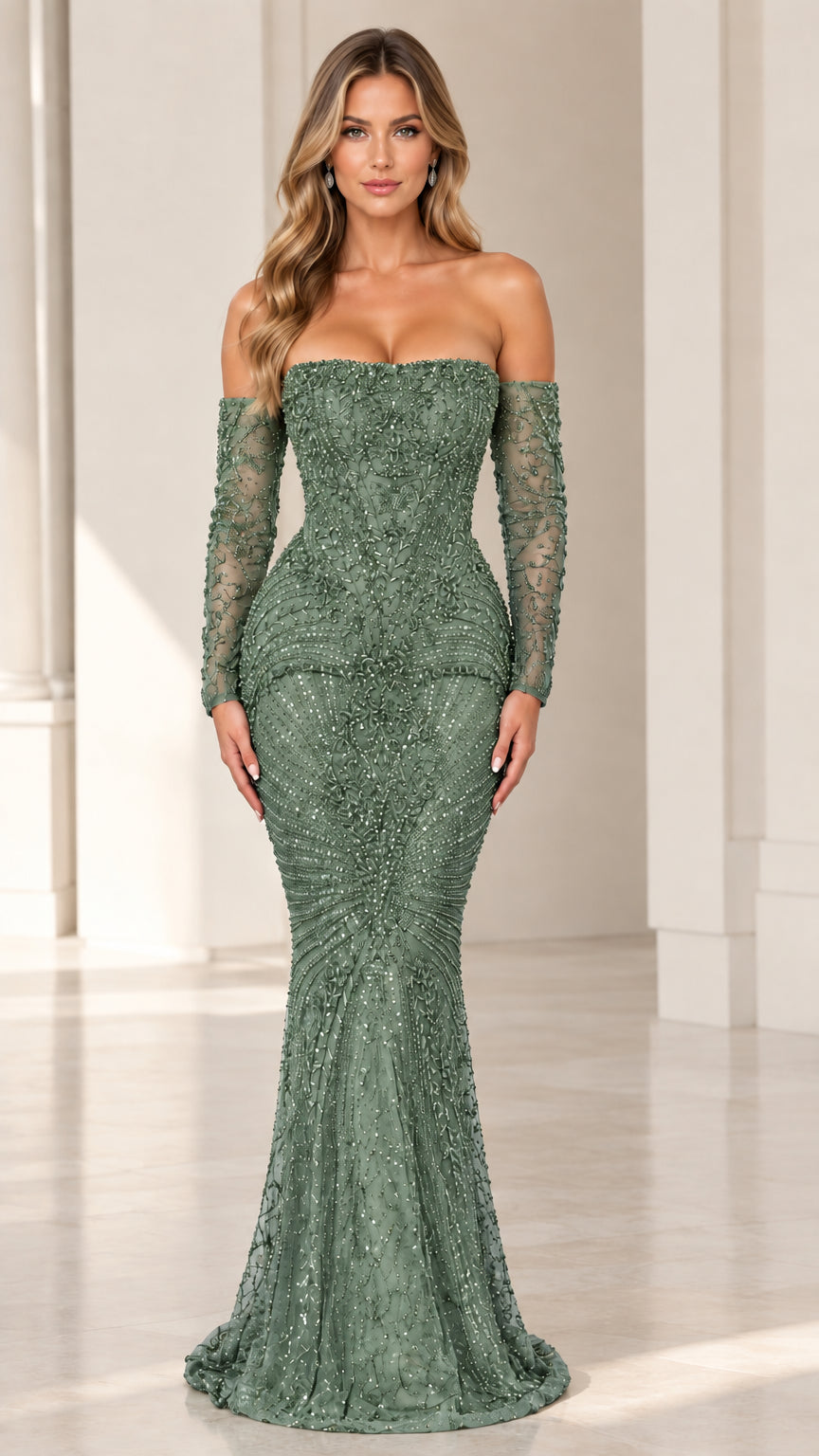 Sage green beaded floor-length formal mermaid dress