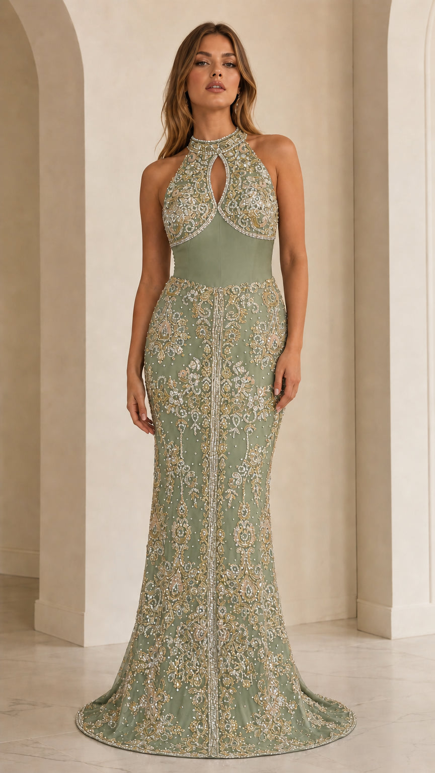 Front view of sage green embroidered halter evening dress