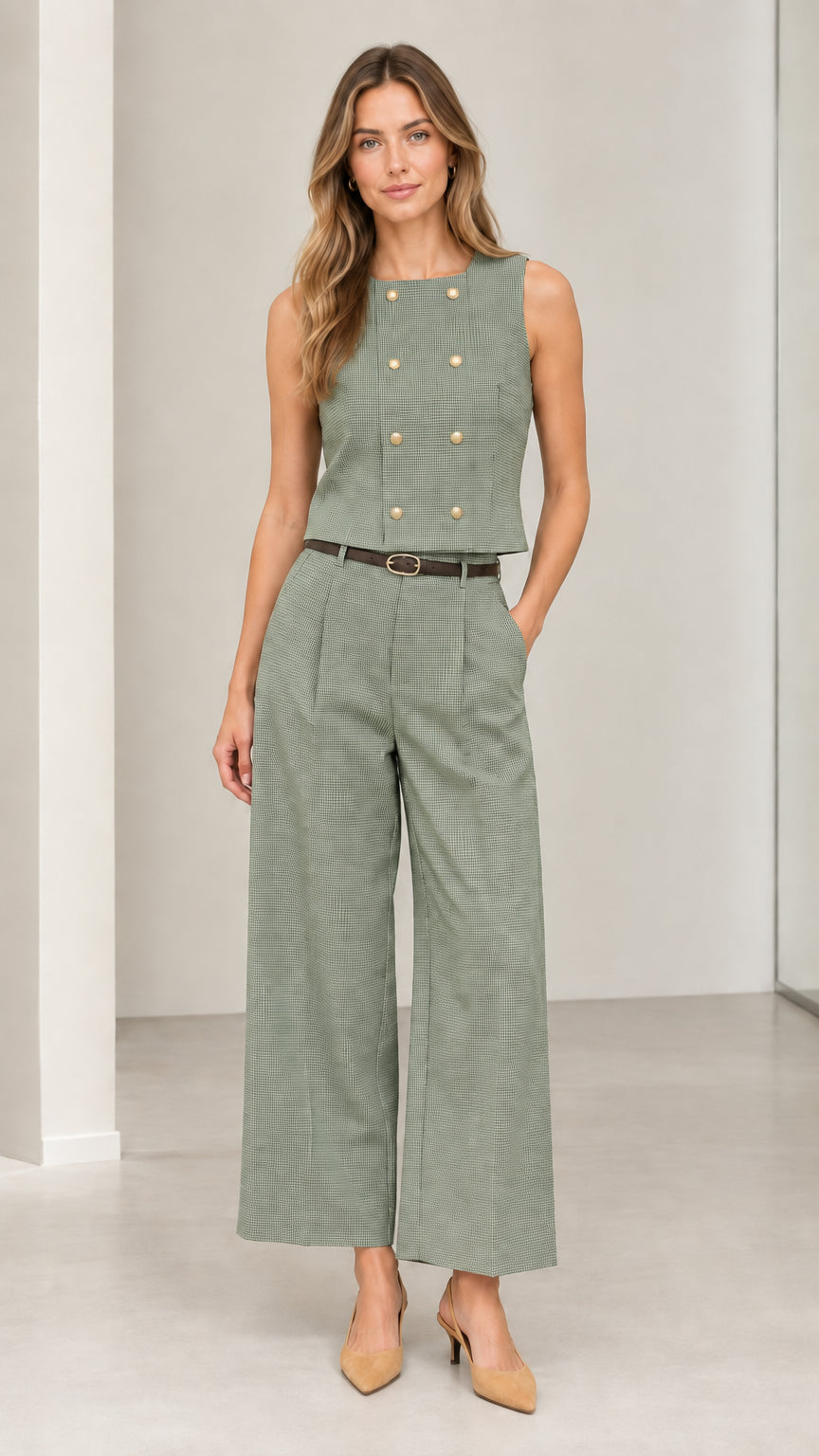 Front full-length view of model wearing sage green sleeveless vest and wide-leg trousers two-piece set