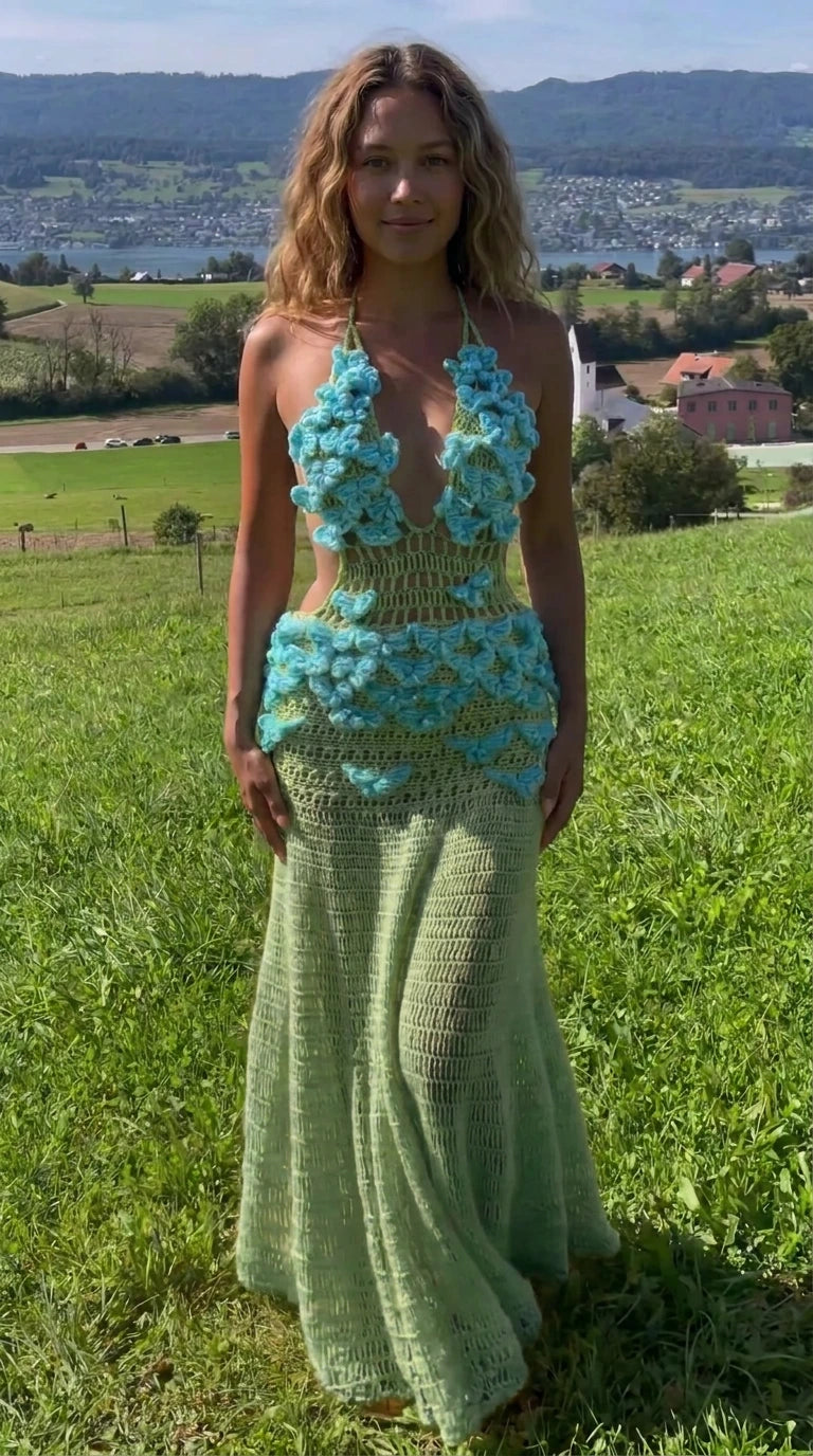 Sage green open-knit crochet maxi dress adorned with turquoise 3D floral motifs