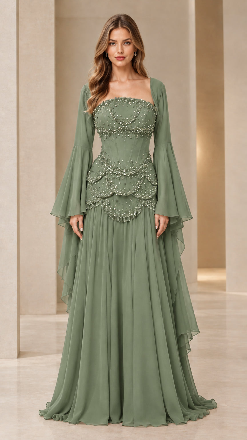 Sage green formal evening gown with scalloped beadwork bodice and dramatic sleeves
