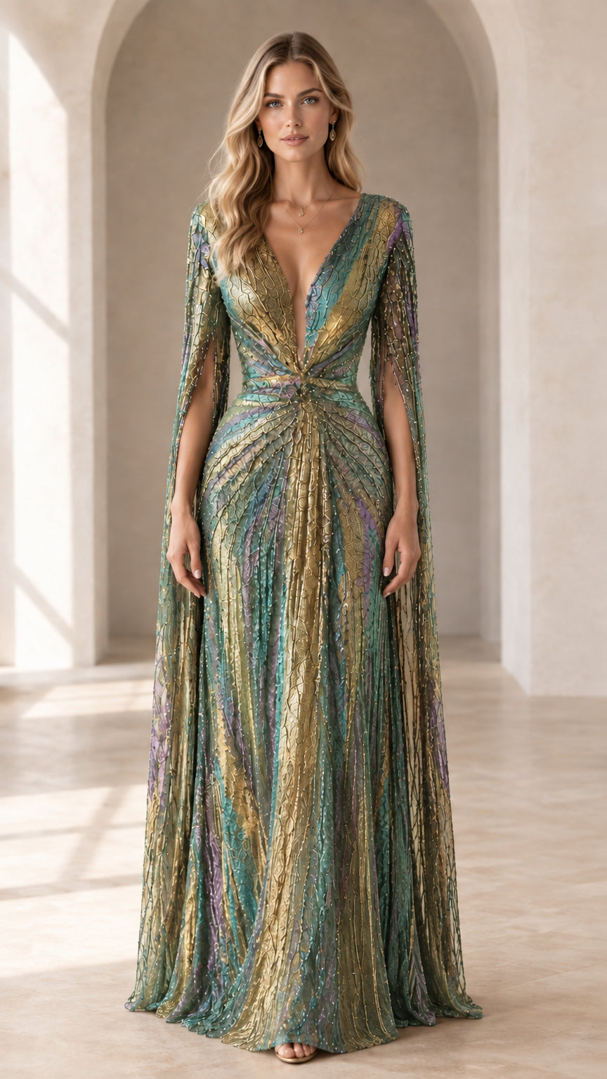 Emerald Multi green and gold tone plissé metallic plunge evening dress