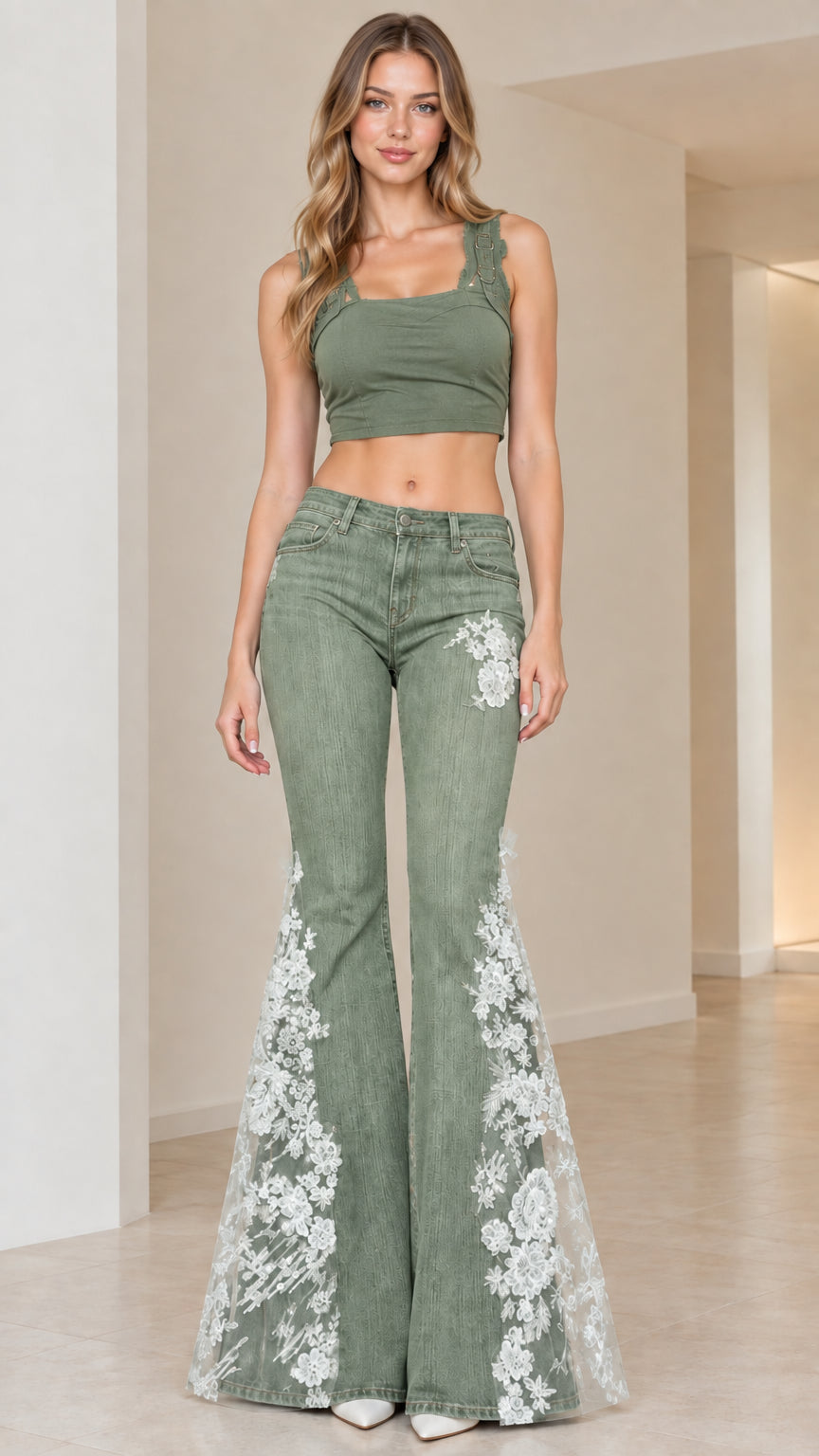Front view of Olive Green lace insert bell bottom flare jeans with matching tank