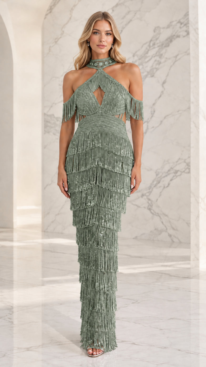 Front view of sage green beaded fringe halter dress on model
