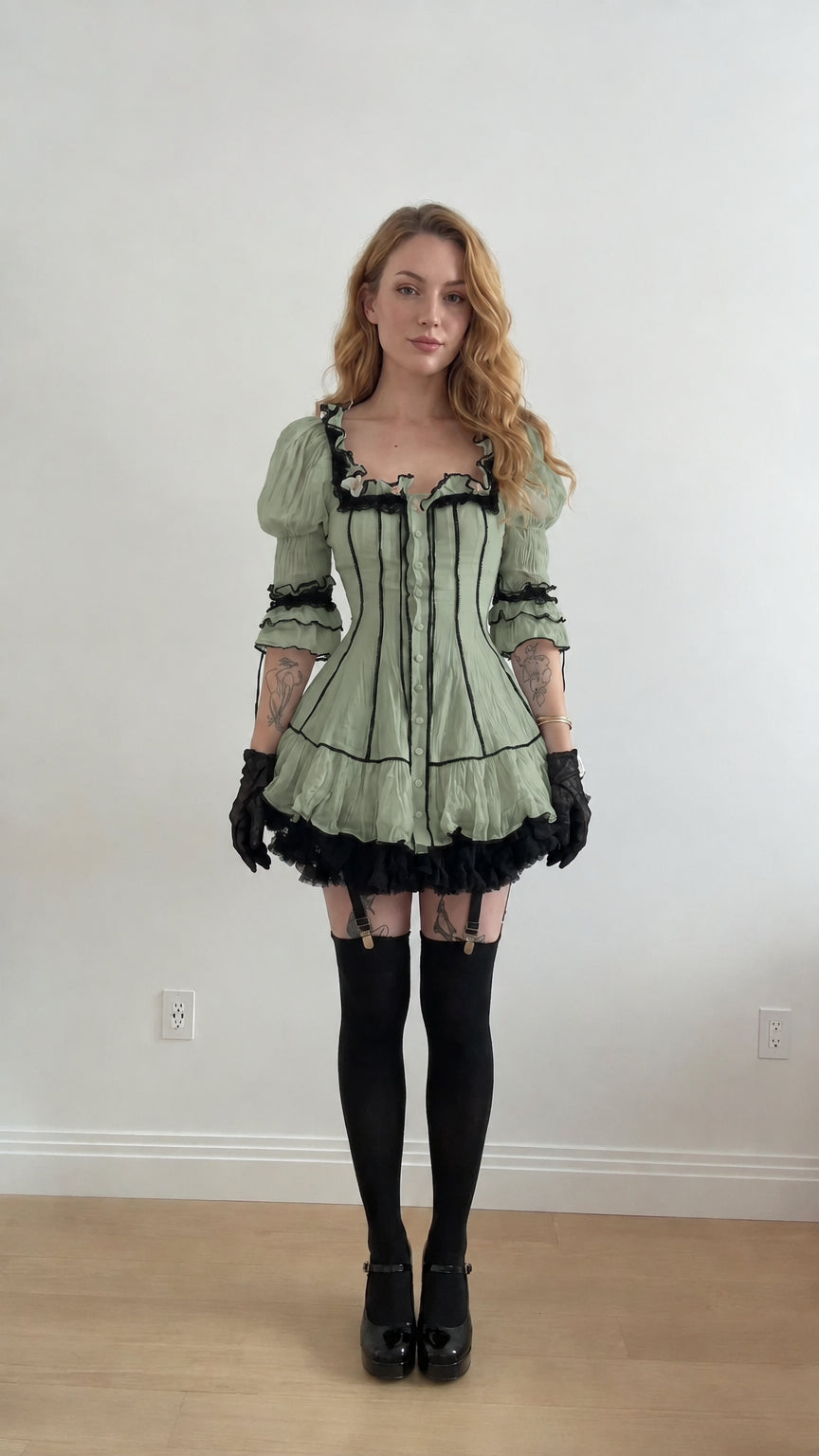 Front view of model wearing sage green Gothic Lolita ruffle mini dress