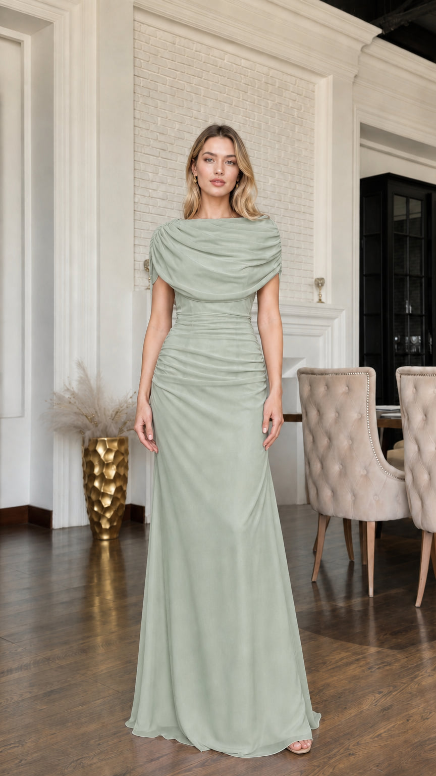 Full front view of sage green draped cowl shoulder evening gown