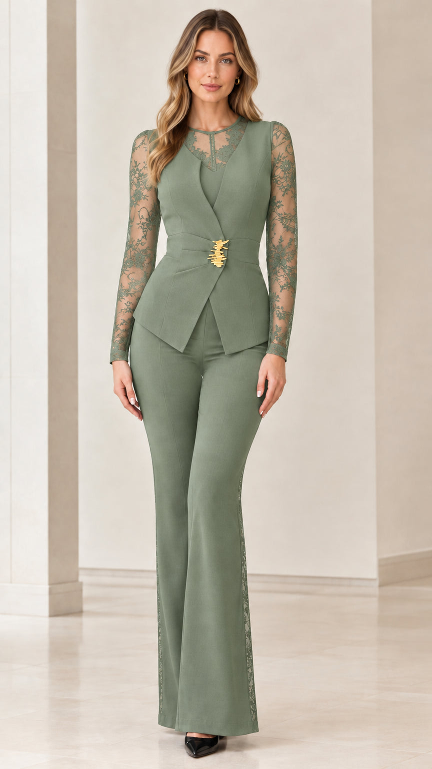 Front view of sage green two-piece pant suit with matching lace sleeves and flare pants