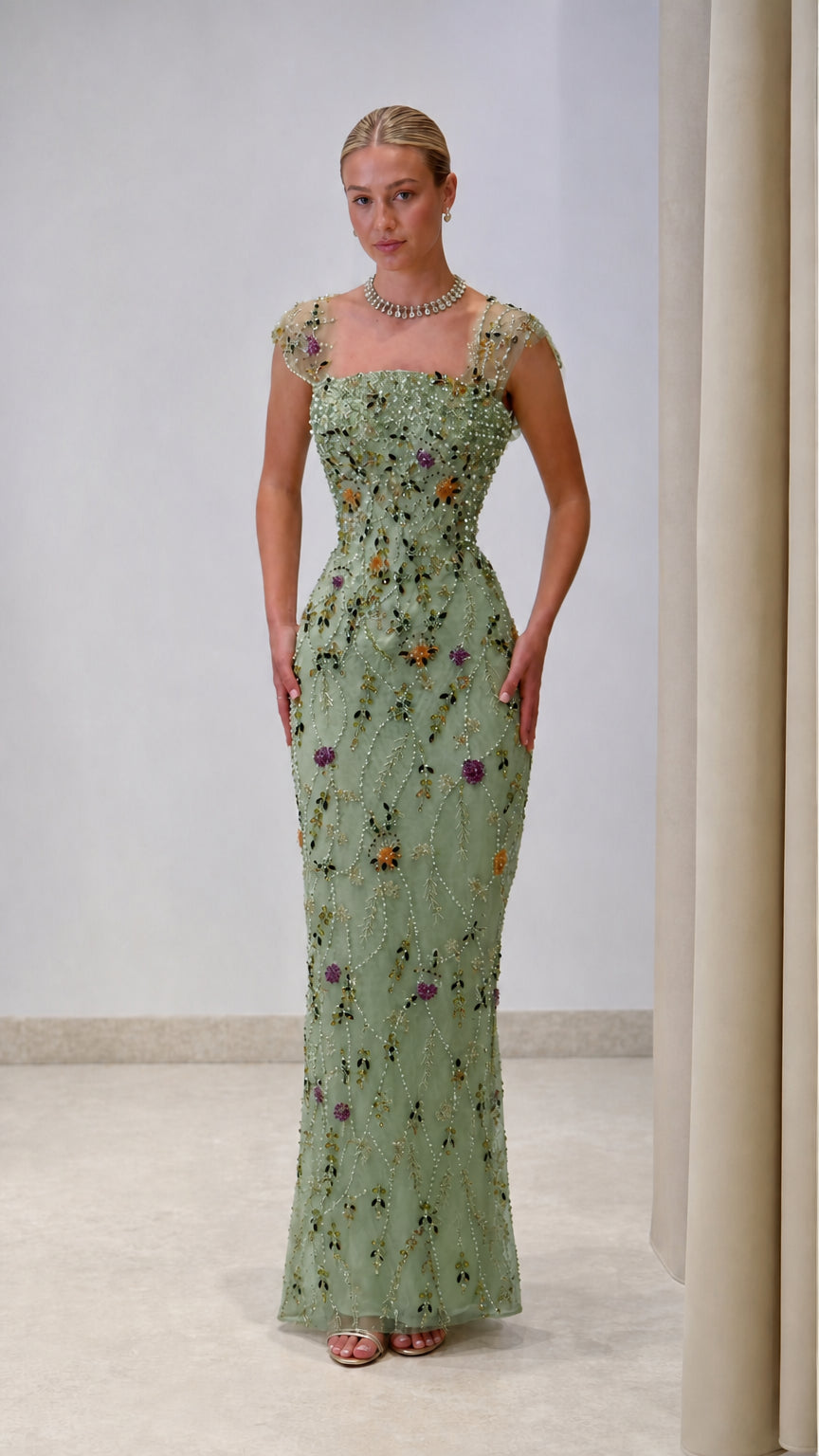 Sage green beaded square neck column evening dress