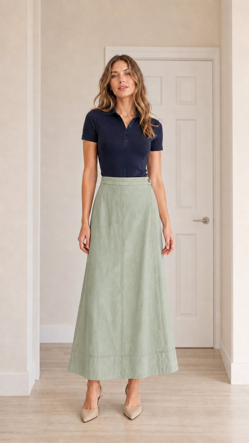 Front view of model wearing sage green high-waisted A-line maxi skirt