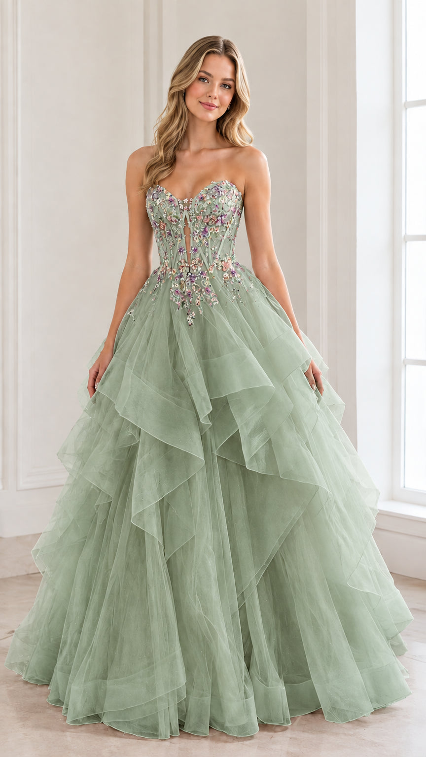 Front view of woman wearing a sage green strapless tiered tulle ball gown with beaded bodice