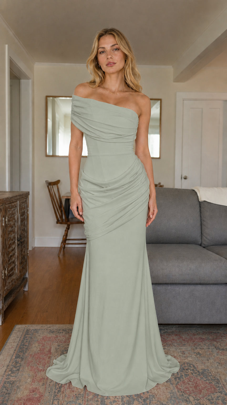 Sage green asymmetric draped off-the-shoulder mermaid formal gown