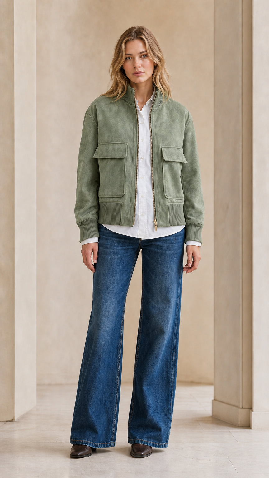 Full front view of model wearing sage green faux suede bomber jacket