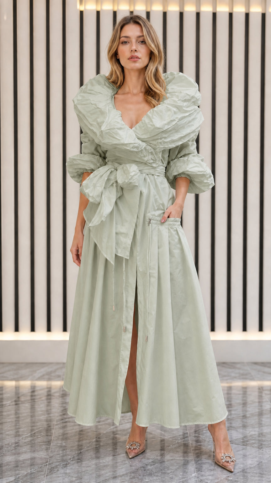 Model wearing sage green statement collar maxi dress
